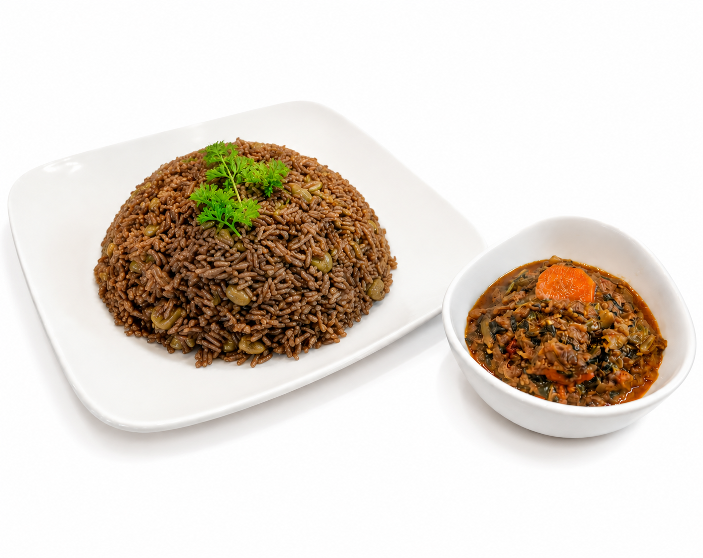Djondjon rice served with legumes on a white background