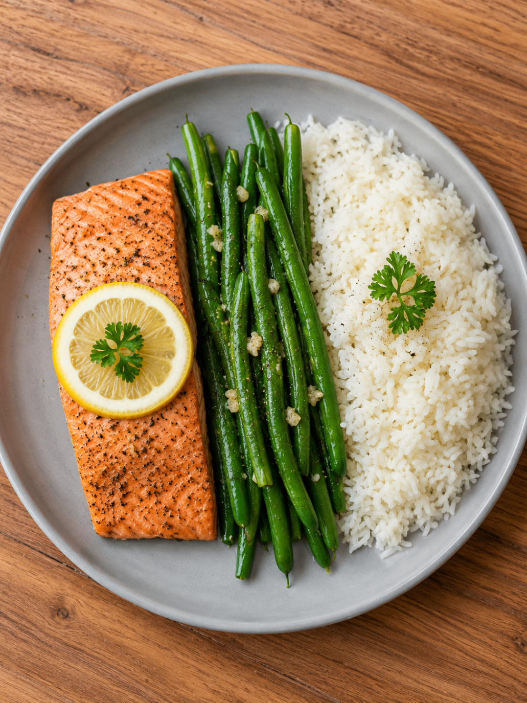 White rice and salmon with green beans