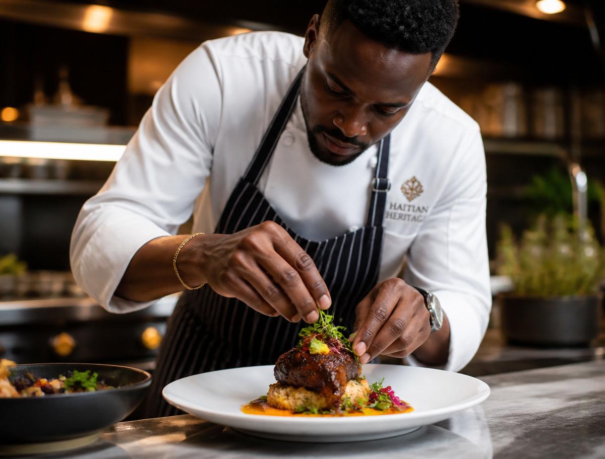 Chef plating a refined Haitian entree in the kitchen