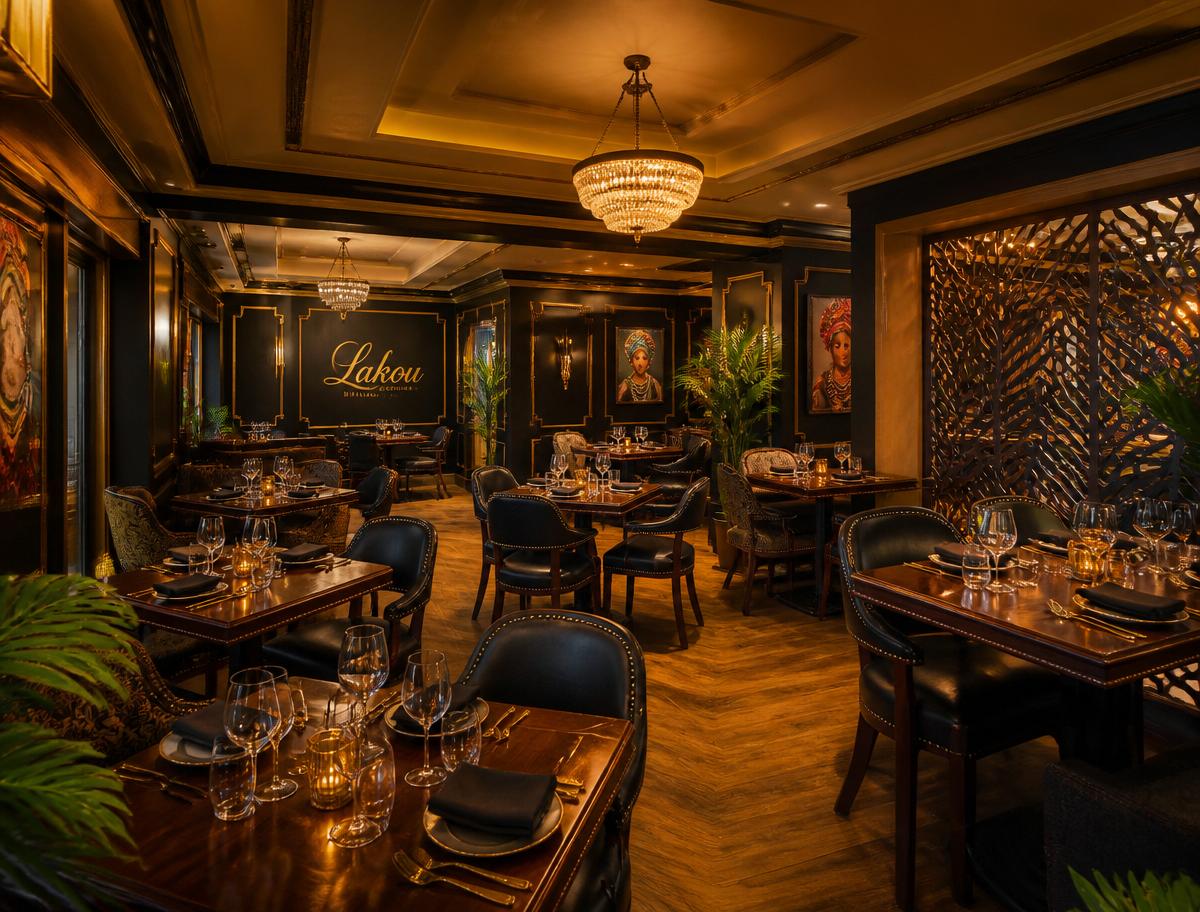 Elegant dining room with warm lighting and gold accents
